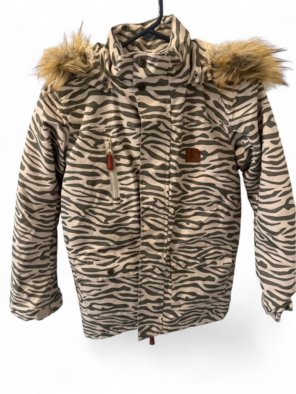 Kuling Kids Zebra-Print Hooded Winter Jacket with Faux-Fur Trim